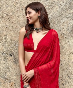 Petite Ananya Panday in a Red Half Saree and Lingerie Photo 01