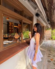 Playful Actress Malavika Mohanan in a Lavender Tie Shoulder Ruffle Mini Dress Photos 03