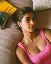 Pooja Hegde Showing Cleavage in a Pink Top 01