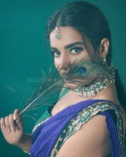 Popular Sexy Beauty Nidhhi Agerwal in a Royal Blue Saree with Golden Floral Embroidered Border and a Green Sleeveless Blouse Pictures 02