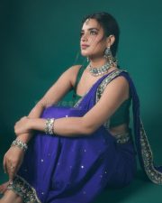 Popular Sexy Beauty Nidhhi Agerwal in a Royal Blue Saree with Golden Floral Embroidered Border and a Green Sleeveless Blouse Pictures 03