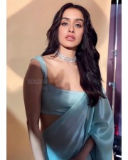 Pretty Babe Shraddha Kapoor in a Sky Color Fluffy Satin Saree Photos 04