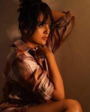 Pretty Nandita Swetha in a Brown Oversized Unbuttoned Shirt with a Nude Bra Photos 02