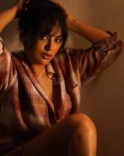 Pretty Nandita Swetha in a Brown Oversized Unbuttoned Shirt with a Nude Bra Photos 03