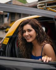 Pretty Raashi Khanna in a Mumbai Taxi wearing a Blue Outfit with Spaghetti Straps Pictures 04