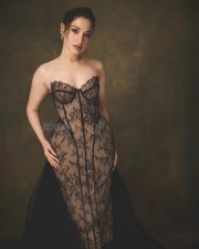 Purushan Heroine Tamannaah Bhatia in an Off Shoulder Black Lace Corset Nude Gown Photos 08