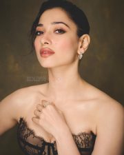 Purushan Heroine Tamannaah Bhatia in an Off Shoulder Black Lace Corset Nude Gown Photos 11