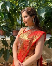Raashi Khanna in Red Silk Saree Photos 02