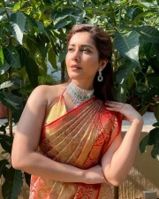 Raashi Khanna in Red Silk Saree Photos 03