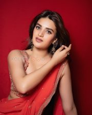 Radiant Actress Nidhhi Agerwal in a Red Orange Georgette Saree Photos 05