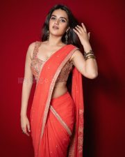 Radiant Actress Nidhhi Agerwal in a Red Orange Georgette Saree Photos 06