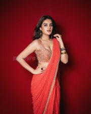 Radiant Actress Nidhhi Agerwal in a Red Orange Georgette Saree Photos 09