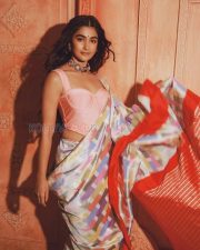 Radiant Actress Pooja Hegde in a Pink Corset Multicolor Saree Photos 01