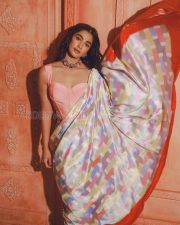 Radiant Actress Pooja Hegde in a Pink Corset Multicolor Saree Photos 03