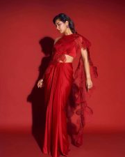 Radiant Actress Raashi Khanna in a Red Floral Appliqu Saree Photos 02