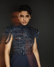 Rakt Brahmand The Bloody Kingdom Actress Samantha Ruth Prabhu in a Midnight Blue Glass Work Backless Top with a Navy Blue High Waisted Tailored Trousers Stills 02