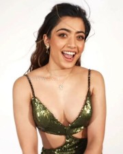 Rashmika Mandanna in Green Sparkly Sexy Low Cut Dress Photos 02
