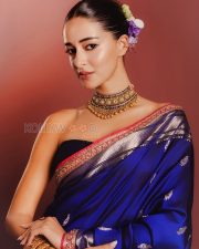 Regal Actress Ananya Panday in a Royal Blue Banarasi Saree and Black Strapless Blouse Photos 01