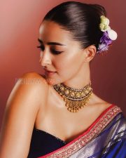 Regal Actress Ananya Panday in a Royal Blue Banarasi Saree and Black Strapless Blouse Photos 03