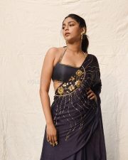 Regal Beauty Aishwarya Lekshmi in a Black Artistic Saree with a Halter Neck Sleeveless Blouse Pictures 02