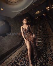 Regal Rakul Preet Singh Cleavage in a Black Leopard Print Embellished Sheer Slit Gown Photos 01