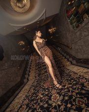 Regal Rakul Preet Singh Cleavage in a Black Leopard Print Embellished Sheer Slit Gown Photos 03