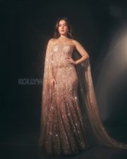 Resplendent Actress Raashi Khanna in a Gold Glitter Cape Gown Photos 04