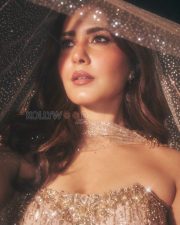 Resplendent Actress Raashi Khanna in a Gold Glitter Cape Gown Photos 05