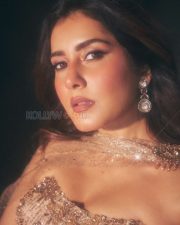 Resplendent Actress Raashi Khanna in a Gold Glitter Cape Gown Photos 07
