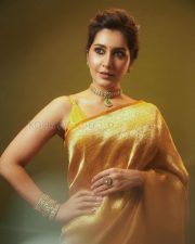 Resplendent Actress Raashi Khanna in a Golden Silk Saree Yellow Blouse Temple Jewelry Photos 01