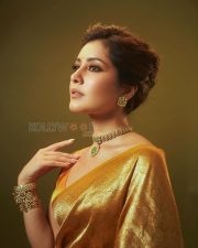 Resplendent Actress Raashi Khanna in a Golden Silk Saree Yellow Blouse Temple Jewelry Photos 02