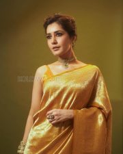 Resplendent Actress Raashi Khanna in a Golden Silk Saree Yellow Blouse Temple Jewelry Photos 03