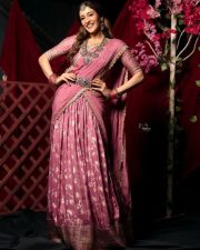 Resplendent Actress Regina Cassandra in a Pink Embroidered Silk Saree Photos 05