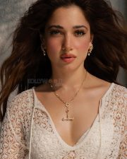 Resplendent Actress Tamanna Bhatia in a Cream Crochet Top Photos 02