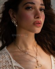 Resplendent Actress Tamanna Bhatia in a Cream Crochet Top Photos 03
