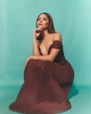 Risky Romeo Actress Kriti Kharbanda in a Brown Off Shoulder Deep V Neck Maxi Gown Photos 04