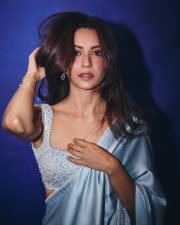 Risky Romeo Actress Kriti Kharbanda in a Pastel Blue Satin Saree with a Heavily Embellished Sleeveless Blouse Pictures 01