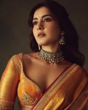 Rowdy and Co Heroine Raashi Khanna in a Gold Kanchipuram Tissue Saree with a Mustard Orange Silk Blouse Pictures 02