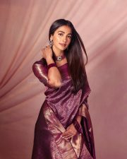Royal Beauty Pooja Hegde in a Deep Purple Kanjivaram Saree Photos 01
