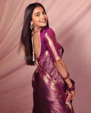 Royal Beauty Pooja Hegde in a Deep Purple Kanjivaram Saree Photos 02