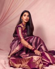 Royal Beauty Pooja Hegde in a Deep Purple Kanjivaram Saree Photos 03