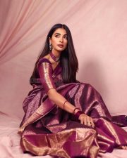 Royal Beauty Pooja Hegde in a Deep Purple Kanjivaram Saree Photos 03