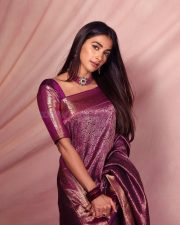 Royal Beauty Pooja Hegde in a Deep Purple Kanjivaram Saree Photos 04