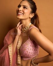 Sardar 2 Heroine Malavika Mohanan in a Vibrant Pink and Gold Lehenga with a Sleeveless Blouse Photos 06