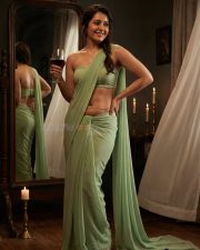 Seductive Raashi Khanna Navel in a Light Sage Green Saree with a Strapless Blouse Photos 02
