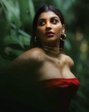 Seductive Yashika Aannand in a Red Strapless Short Dress with a Ruffled Skirt Photos 01