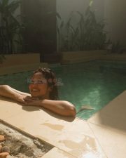 Sensual Anikha Surendran in a Two Piece Blue and White Striped Vacation Bikini Pictures 03