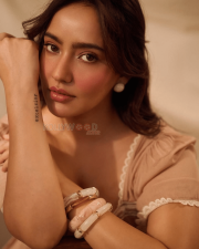 Sensual Neha Sharma Cleavage in a Beige Lace Trim Mini Dress Photos 04