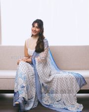 Serene Actress Raashi Khanna in a White Blue Printed Saree Photos 02 Serene Actress Raashi Khanna in a White Blue Printed Saree Photos 02