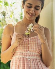Sexy Actress Priya Prakash Varrier in a Pink and White Checked Dress Photos 04